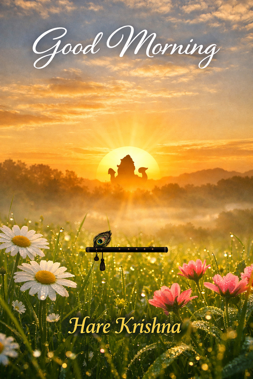 Good morning image Krishna silhouette flute sunrise flower field Hare Krishna